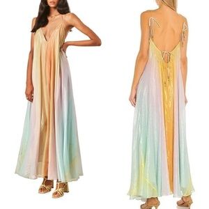 Rococo Sand Zale V-neck Yellow Blue A-Line Maxi Dress S